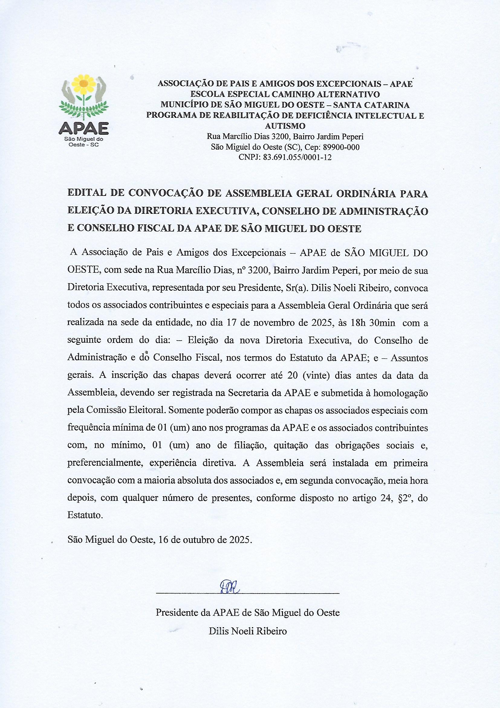 EDITAL DE CONVOCAÇÃO DE ASSEMBLÉIA GERAL ORDINÁRIA 17/11/2025
